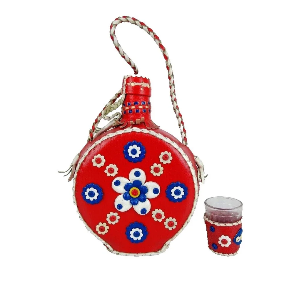 Vintage 70s Folk Art Bohemian Floral Leather Wrapped Glass Canteen & Shot Glass